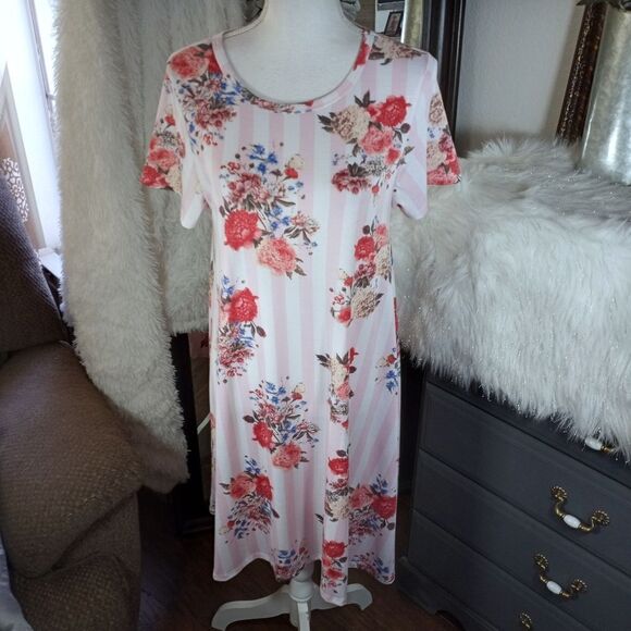 LULAROE PINK & IVORY STRIPE FLORAL DRESS SZ.S EUC - Picture 2 of 8